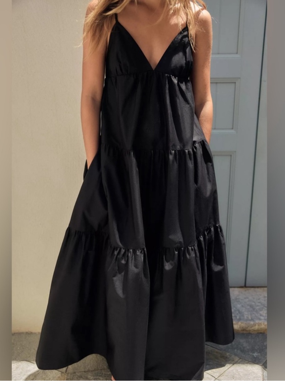 ZARA Cotton Black Tiered Spaghetti-Strap Dress. M NWT